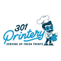 Logo of 301 Printery featuring a character in a chef's hat holding a print design.