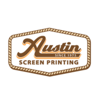 Logo of Austin Screen Printing featuring a vintage style with the words 'Austin' and 'Screen Printing' along with a year established.