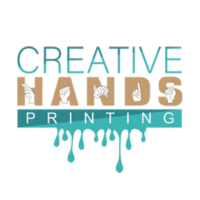 Logo of 'Creative Hands Printing' featuring colorful hands and dripping paint design.