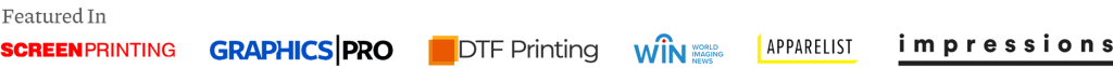 Logos of various magazines featuring Fabric, including SCREENPRINTING, GRAPHICS PRO, DTF Printing, WIN, APPARELIST, and impressions.
