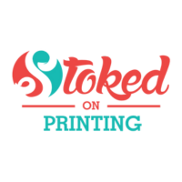 Logo of 'Stoked on Printing', featuring the brand name in a stylized font with vibrant colors.